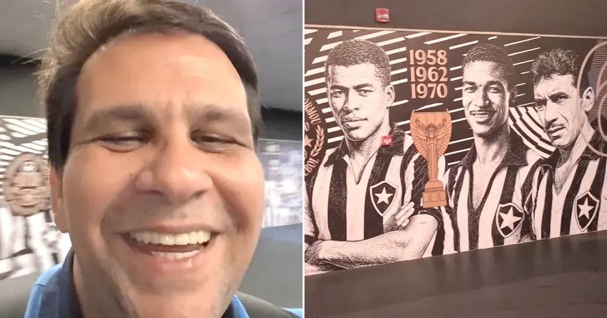 Narrador se encanta com novo mural de ídolos do Botafogo no hall de acesso ao campo do Nilton Santos: ‘Tá de brincadeira! Muita história!’