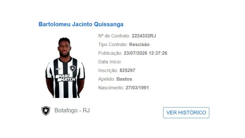 Rescisão é publicada no BID, e Bastos não é mais jogador do Botafogo